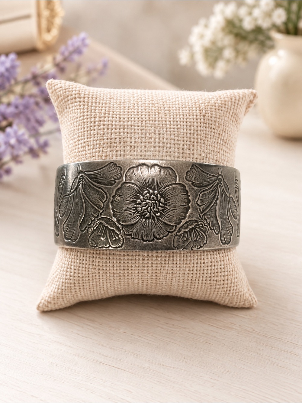 Floral Engraved Wide Pewter Cuff Bracelet